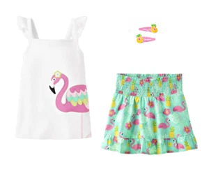NWT Gymboree Girls Size 7 Seaside Palms Skirt Flamingo Tank Hair Clips Curlies - Picture 1 of 5