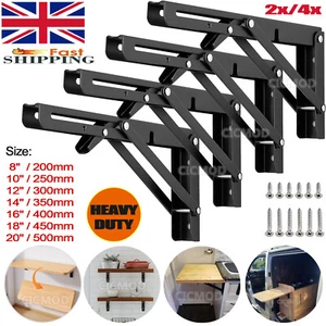 2X/4X Folding Heavy Duty Shelf Bracket Triangle Bench Mounted Table Wall Hinges - Picture 1 of 32
