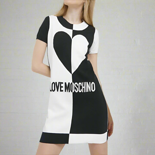Love Moschino Mini Abito Maglione Nero Cotone Logo Nero Bianco Maglia Cuore