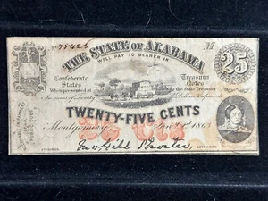 1863 25 Cents Montgomery Alabama Red 2nd Series Choice VF Serial #78425 Plate M - Picture 1 of 4