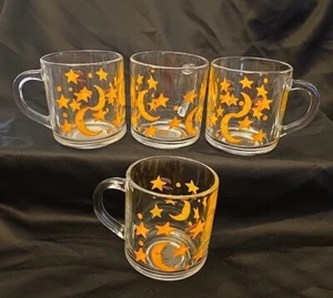 VTG celestial coffee cups clear glass moon & stars Lot Of 4 Retro Mug Rare - Picture 1 of 10