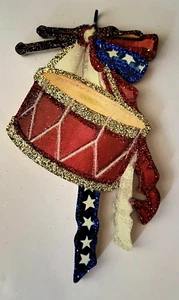 RED DRUM w RED, WHITE & BLUE RIBBONS, STARS - Glitter JULY 4 PATRIOTIC ORNAMENT - Picture 1 of 1