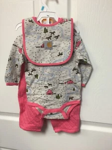 Carhartt Baby Girls' Long-Sleeve Bodysuit Shortall and Bib 3Piece Set - 6 Months - Picture 1 of 4