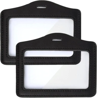 2 件装 ID 徽章夹,水平皮革卡盒带透明 ID 窗口,B — 第 1/4 张图片