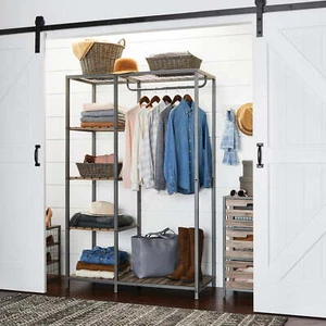 Farmhouse Gray Durable Wood and Metal Garment Rack Garment Storage Modern Style - Picture 1 of 7