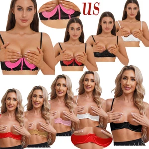 Womens Sexy 1/4 Cup Lace Bra Balconette PVC Leather Bralette Underwired Bras - Picture 1 of 119