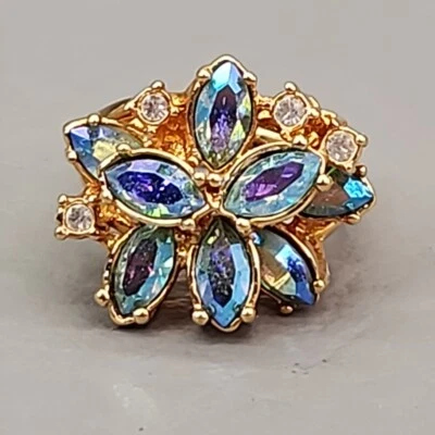Anillo Diamantes de Imitación Azul 18KT HGE AB Vidrio Azul Marquesa Cóctel Talla 9 Grueso Firmado Foto 1 de 4