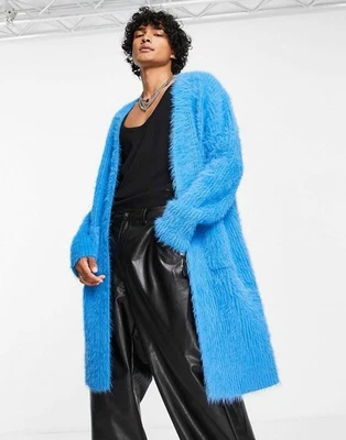 ASOS DESIGN fluffy knit longline long sleeves cardigan in electric blue size S - Image 1 of 4