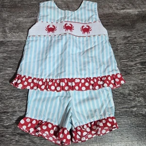 Krewe Two Piece Set Boutique Smocked Set Infant 12 mo Ruffle Crab Embroidered  - Picture 1 of 14