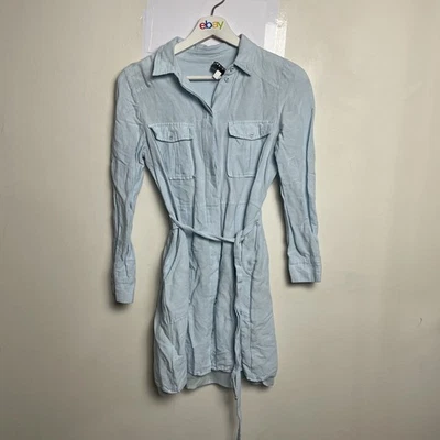 Witchery Linen Viscose Shirt Dress Size 6 Blue Short Sleeve Knee Length Belted - image 1 of 4