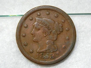 1853 coronet braided hair large cent copper coin error repunched 3 - Picture 1 of 6
