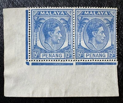 PAR MALÁSIA PENANG 1949-52 KGVI 15c perfeito estado NG SG#13 com margem inferior esquerda M5802 - Imagem 1 de 2