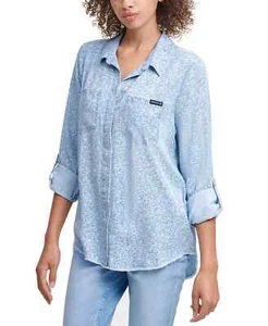 JR311 Calvin Klein Jeans Blue Juniors' Leopard Button Front Shirt Size M - Picture 1 of 1