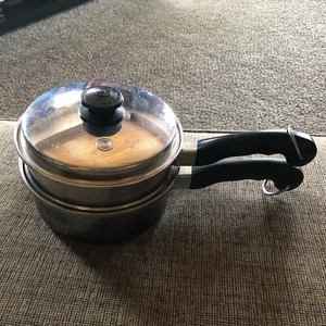 Vtg Saladmaster 3 Pc Stainless Steel 18-8" Double Boiler Pot Steamer Vapo Lid - Picture 1 of 12