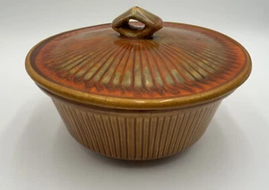 MCM Orange & Brown CALIFORNIA POTTERY Vintage COVERED Casserole Serving Bowl - Picture 1 of 8