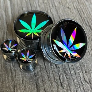 Pair of Screw on Holographic Pot Leaf Picture Plugs gauges 16g thru 1 inch - Picture 1 of 3