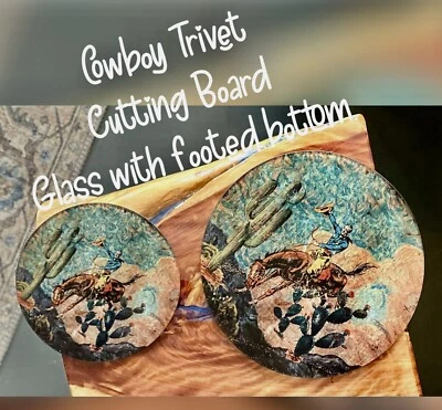 Set Of Two Vintage, western cowboy Kitchen Cutting Board 12”, Trivet 8”. - Image 1 of 3