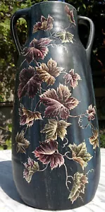 Arts and Crafts Drip Glaze Enamelled Pottery Vine Leaf Amphora Vase 12" Tall - Picture 1 of 12