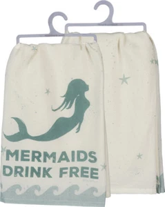 Mermaids Drink Free LOL Cotton Dish Teal Primitives By Kathy Teal Blue Wave - Picture 1 of 3