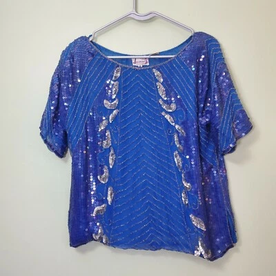Jazmín azul real vintage de K.V.M. Blusa California con lentejuelas 100 % seda Foto 1 de 4