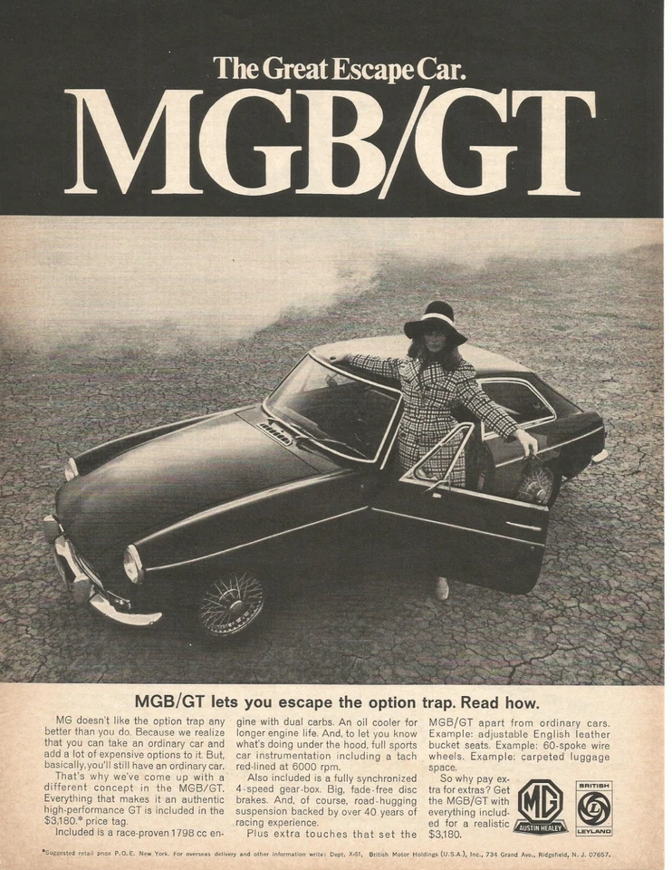 Anuncio impreso original 1968 MG MGB GT vintage: "MGB GT te permite escapar de la opción..." Foto 1 de 1