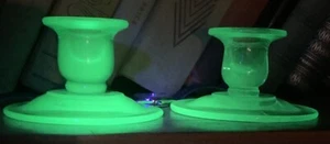 Vintage Green Uranium Vaseline Depression Glass Pair of Candlestick Holders MCM - Picture 1 of 16
