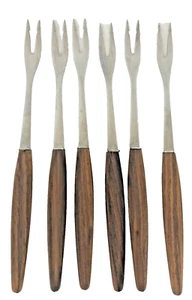 MCM Teak Handle 2 Prong Forks Rostfrei Germany Mid Century Vintage Set of 6  - Picture 1 of 7