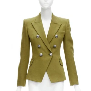 BALMAIN green silver lion button double breasted military blazer jacket FR36 S - Picture 1 of 10