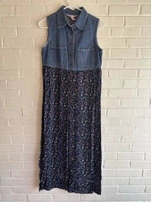Cherokee Denim Sleeveless Button-Up Dress with Floral Skirt Size Small - Image 1 of 4