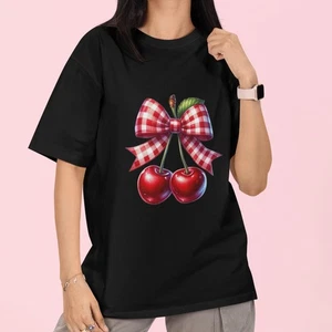 Cherry and Bow T-Shirt Vintage Style Cute Aesthetic Y2K Graphic Tee Casual Top - Bild 1 von 5