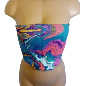 Forever 21 Abstract Print Art To Wear Lace-Up Corset Crop Top Boho Festival L - Picture 1 of 16