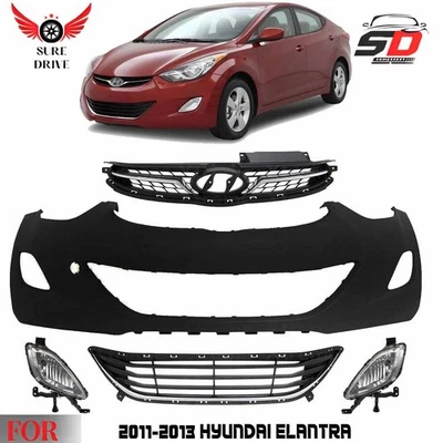 Front Bumper Cover Primed Plastic & Fog Lights Kit For 2011-2013 Hyundai Elantra Foto 1 de 4