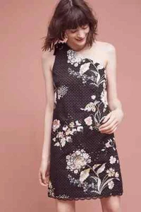 Anthropologie Maeve Ashbury Dress Size 2 Black One-Shoulder Floral Beaded Shift - Picture 1 of 15
