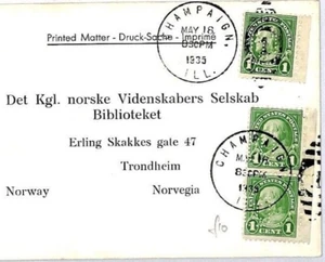 USA NORWAY LIBRARY 1935 Card *ILLINOIS UNIVERSITY* 1c PERFINS Champaign CQ214 - Picture 1 of 4