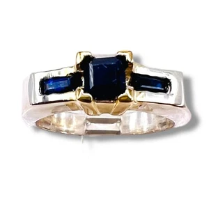 Blue Sapphire Princess Cut 925 Sterling Silver Gold Accent Ring Size 5.25 - Picture 1 of 13
