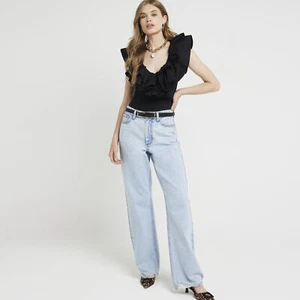 River Island Womens Bodysuit Black Frill Detail Wrap V-Neck Sleeveless Outfit - Picture 1 of 9