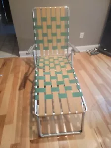 Vintage Folding CHAISE LOUNGE Lawn Chair Green Webbed Alumium Steel Multi - Picture 1 of 8