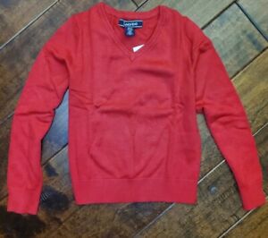 Lands' End Uniform Boys Fine Gauge VNeck Pullover Sweater-Red-(MEDIUM 5-6)NWT