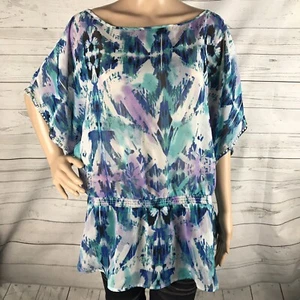Rock & Republic Blouse XL Semi-Sheer Blue Watercolor Print Studded Sleeves Top - Picture 1 of 12