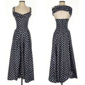 NEW Vintage 90s Laura Ashley Maxi Dress Navy Polka Dot Cottagecore Size 4 - Picture 1 of 16