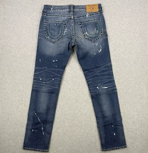 True Religion Jeans Mens 34x32 Blue Paint Splatter Big T Skinny No Flap Denim - Picture 1 of 16