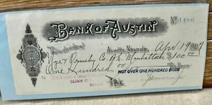 1907 BANK OF AUSTIN, NEVADA ORMSBY CO BANK MANHATTAN NEVADA BANK CHECK - Picture 1 of 5