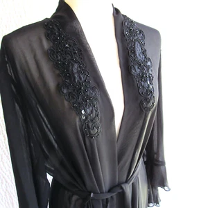 Solid Black Dressing Gown Robe M L Sheer Beaded Lace Linena Donatella Belt - Picture 1 of 12
