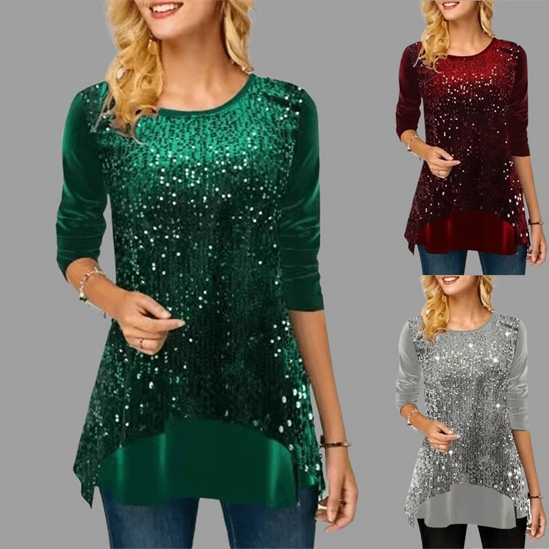 New Women's Sparkly Sequins Tunic Long Sleeve Tops Blouse Christmas Shirts - Image 1 of 4