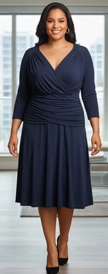 Vestido NY Collection B-slim Azul Marino Sólido Cuello en V Imitación Envoltura Manga 3/4 Talla: 16P Foto 1 de 4