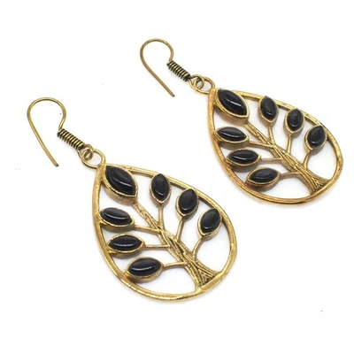 Black Onyx Hook Earrings Stunning Brass Plated Boho Fashion Jewelry 2" i726 - Image 1 of 4