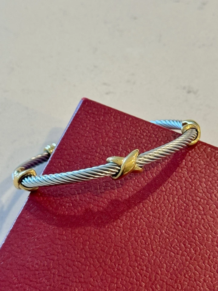 18k 750 Gold Color crosses on a Silver Color Cable Bracelet - Image 1 of 3