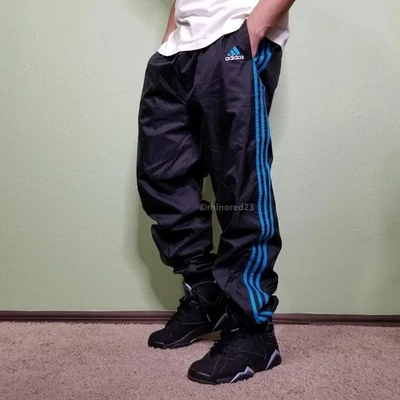 Pantalones Adidas De Colección Raros Originales Nylon Brillante Scally Trackies Negro Verde azulado Foto 1 de 4