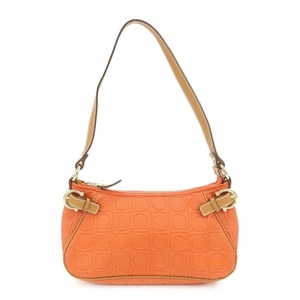 Ferragamo Gancini Leather Shoulder Bag Hand Bag Orange Beige Authentic Used F/S - Picture 1 of 23