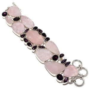 Natural Rose Quartz Rough, Amethyst Gemstone 925 Silver Bracelet 7-8" P939 - Picture 1 of 6